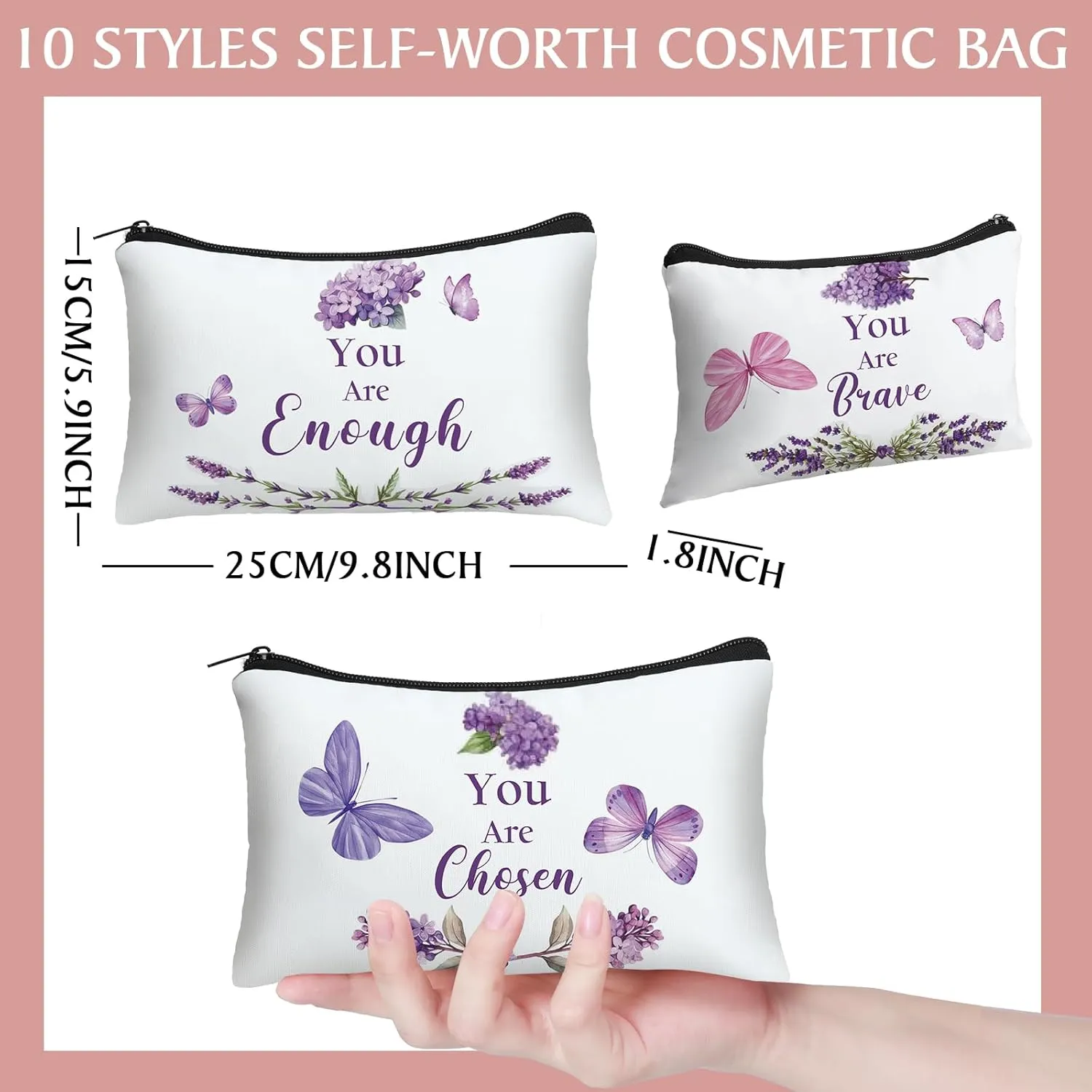 10 Pcs Christian Makeup Bags Gifts for Women Religious Inspirational Bible Verse Pencil Pouch Purple Butterfly Lavender Scripture Canvas Toiletry Cosmetic Bag for Church Favors(White)