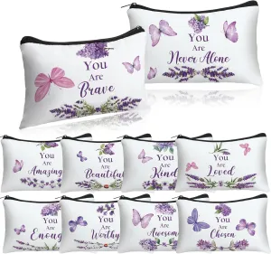 10 Pcs Christian Makeup Bags Gifts for Women Religious Inspirational Bible Verse Pencil Pouch Purple Butterfly Lavender Scripture Canvas Toiletry Cosmetic Bag for Church Favors(White)