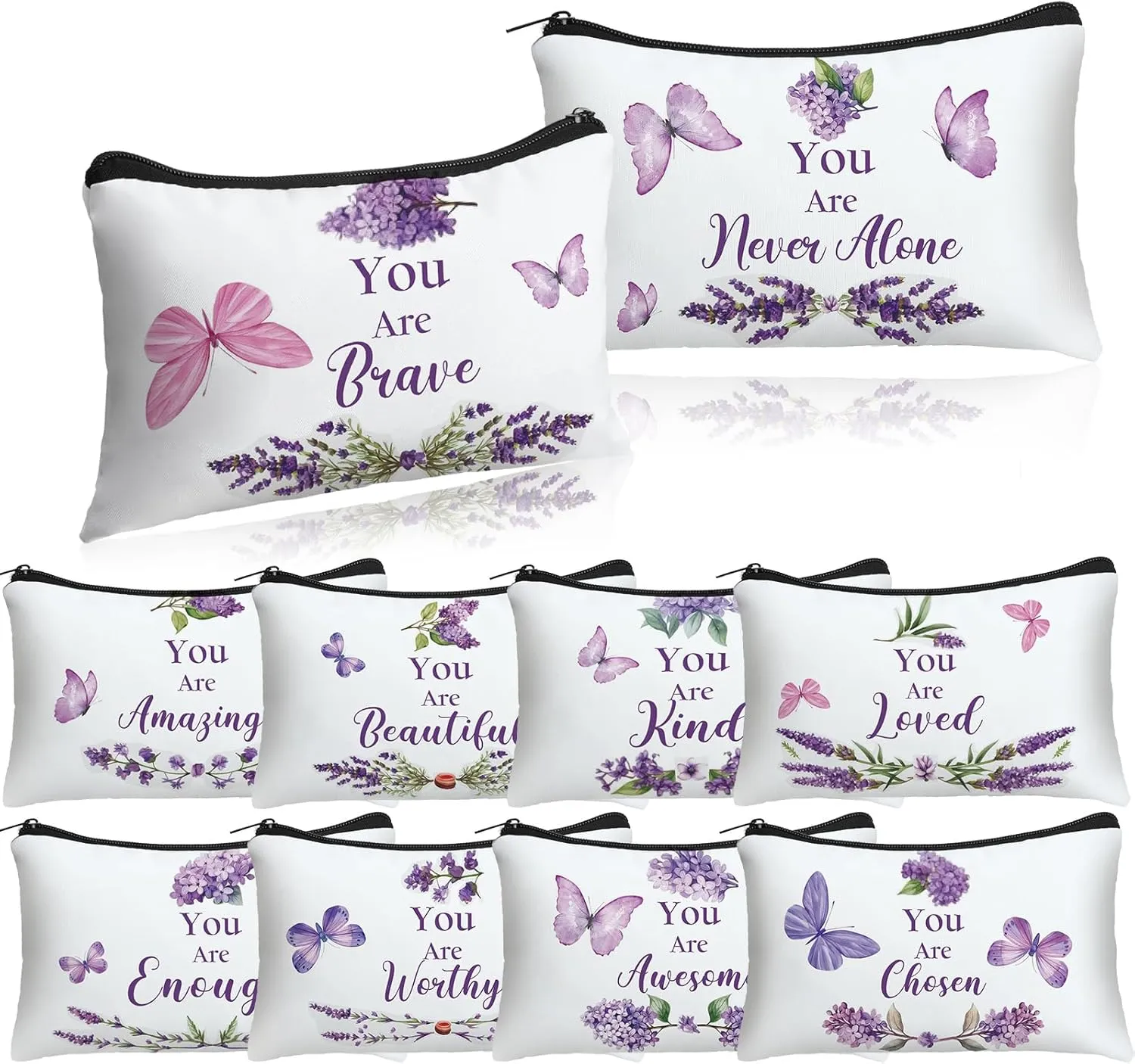 10 Pcs Christian Makeup Bags Gifts for Women Religious Inspirational Bible Verse Pencil Pouch Purple Butterfly Lavender Scripture Canvas Toiletry Cosmetic Bag for Church Favors(White)
