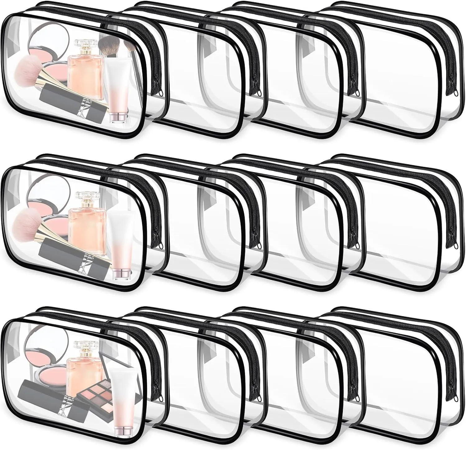 12 PCS Clear Makeup Bags,Clear Toiletry Bag,PVC Clear Cosmetic Bags with Zipper,Portable Transparent Toiletry Bags for Travel Women Men(Black,Medium)