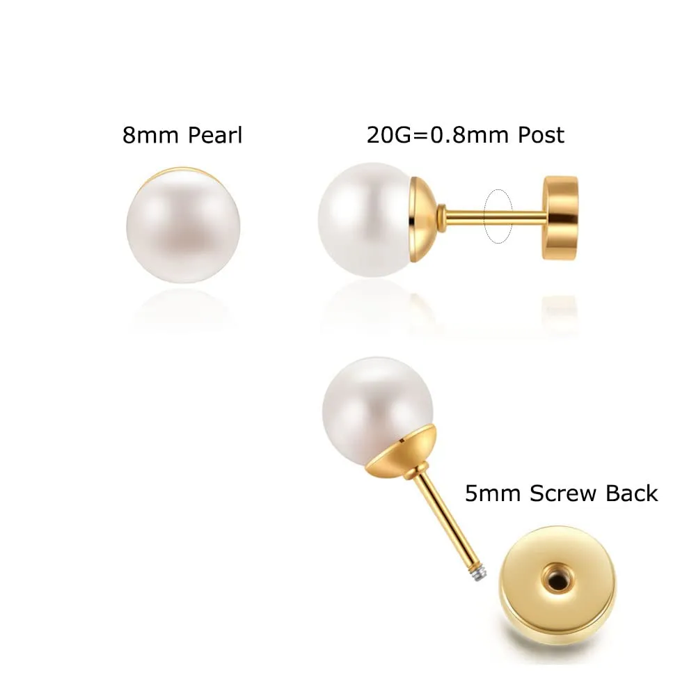 14K Gold 8mm Pearl Stud Earrings for Women,Flat Screw Back Pearl Cartilage Helix Earrings 316L Surgical Steel Round Pearl Piercing Jewelry Gift Hypoallergenic(8mm, Gold)