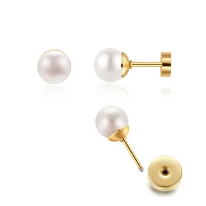 14K Gold 8mm Pearl Stud Earrings for Women,Flat Screw Back Pearl Cartilage Helix Earrings 316L Surgical Steel Round Pearl Piercing Jewelry Gift Hypoallergenic(8mm, Gold)