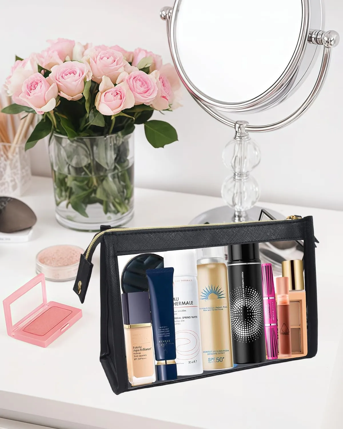 2 Pack Clear Makeup Bag Set Travel Cosmetic Case TSA Approved Toiletry Bag with Zipper Small Make Up Bags for Women Cute Waterproof Carry-on Travel Organizer Car Organizer Bag (Black)