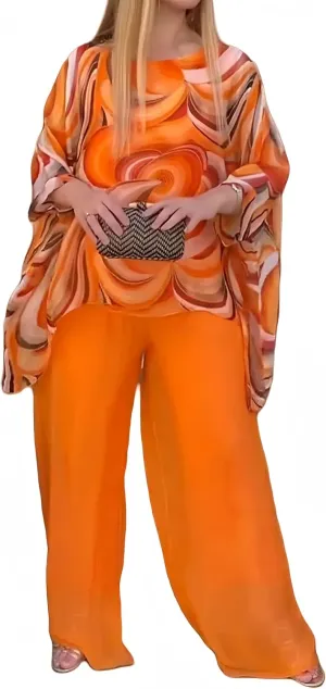 2024 Summer Colorful Chiffon 2 piece Outfits for womenLoose Casual Chiffon Pants Set Women