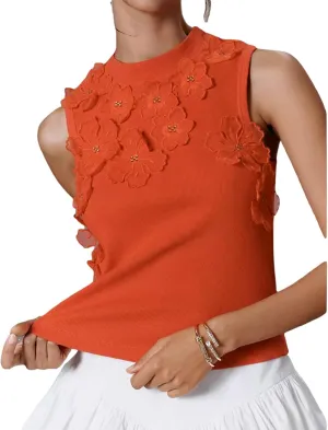 3-D Floral Applique Sleeveless Tops for Women Summer Ribbed Knit Slim Fitted Crop Tank Tops Shirts