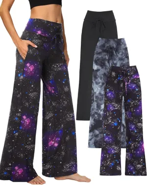 3 Pack Wide Leg Yoga Pants for Women, Comfy Lounge Pajama Sweatpants Loose Causal Palazzo with Pockets