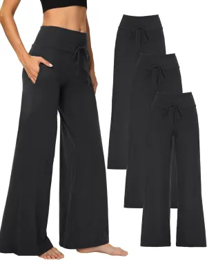 3 Pack Wide Leg Yoga Pants for Women, Comfy Lounge Pajama Sweatpants Loose Causal Palazzo with Pockets