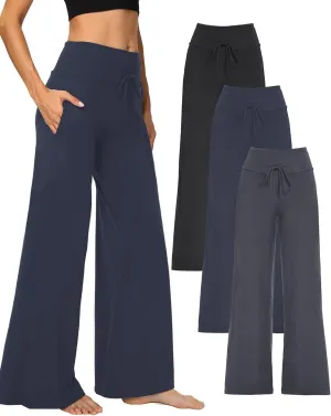 3 Pack Wide Leg Yoga Pants for Women, Comfy Lounge Pajama Sweatpants Loose Causal Palazzo with Pockets