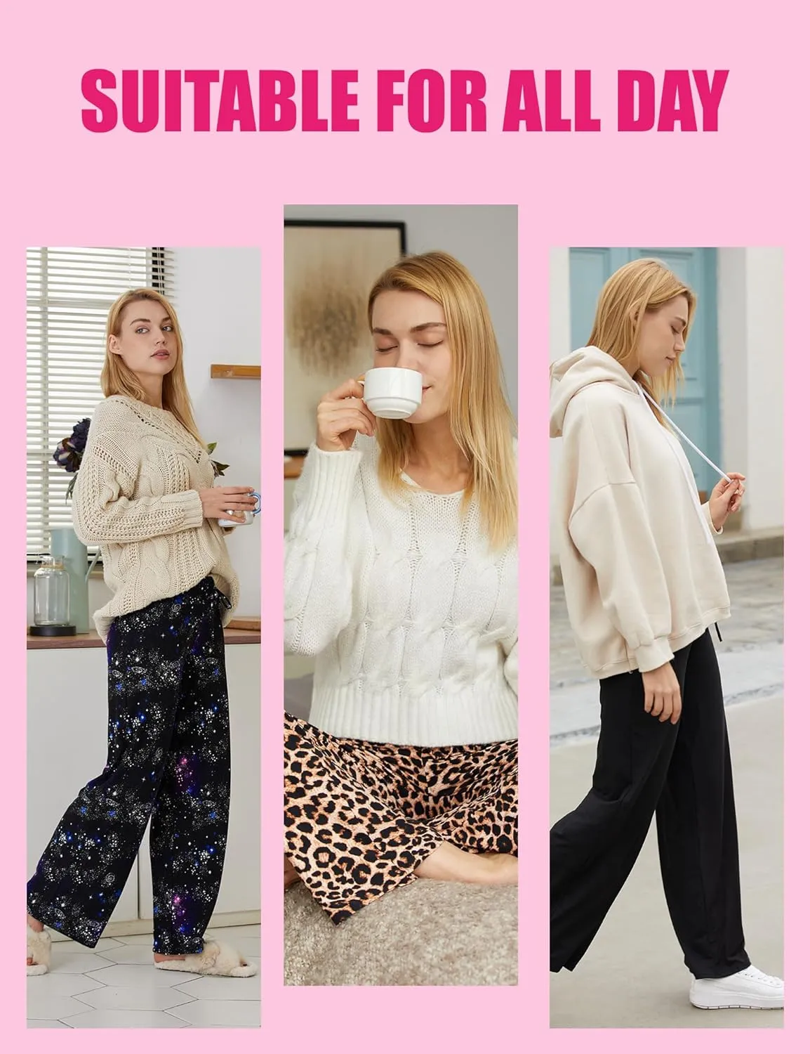 3 Pack Wide Leg Yoga Pants for Women, Comfy Lounge Pajama Sweatpants Loose Causal Palazzo with Pockets