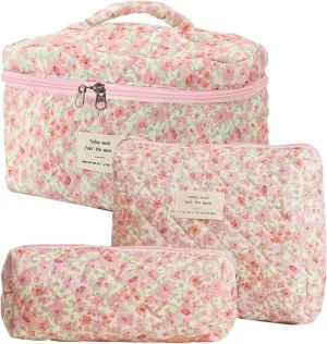 3 Pcs Cotton Quilted Makeup Bag Set, Floral Cotton Cosmetic Bag, Aesthetic Toiletry Travel Organizer Bag for Women (Pink Green)