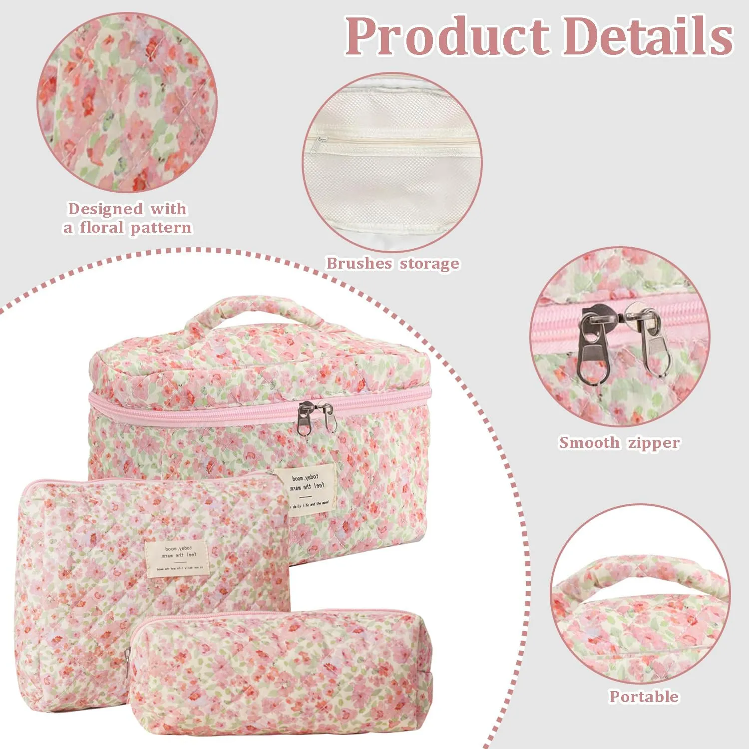 3 Pcs Cotton Quilted Makeup Bag Set, Floral Cotton Cosmetic Bag, Aesthetic Toiletry Travel Organizer Bag for Women (Pink Green)