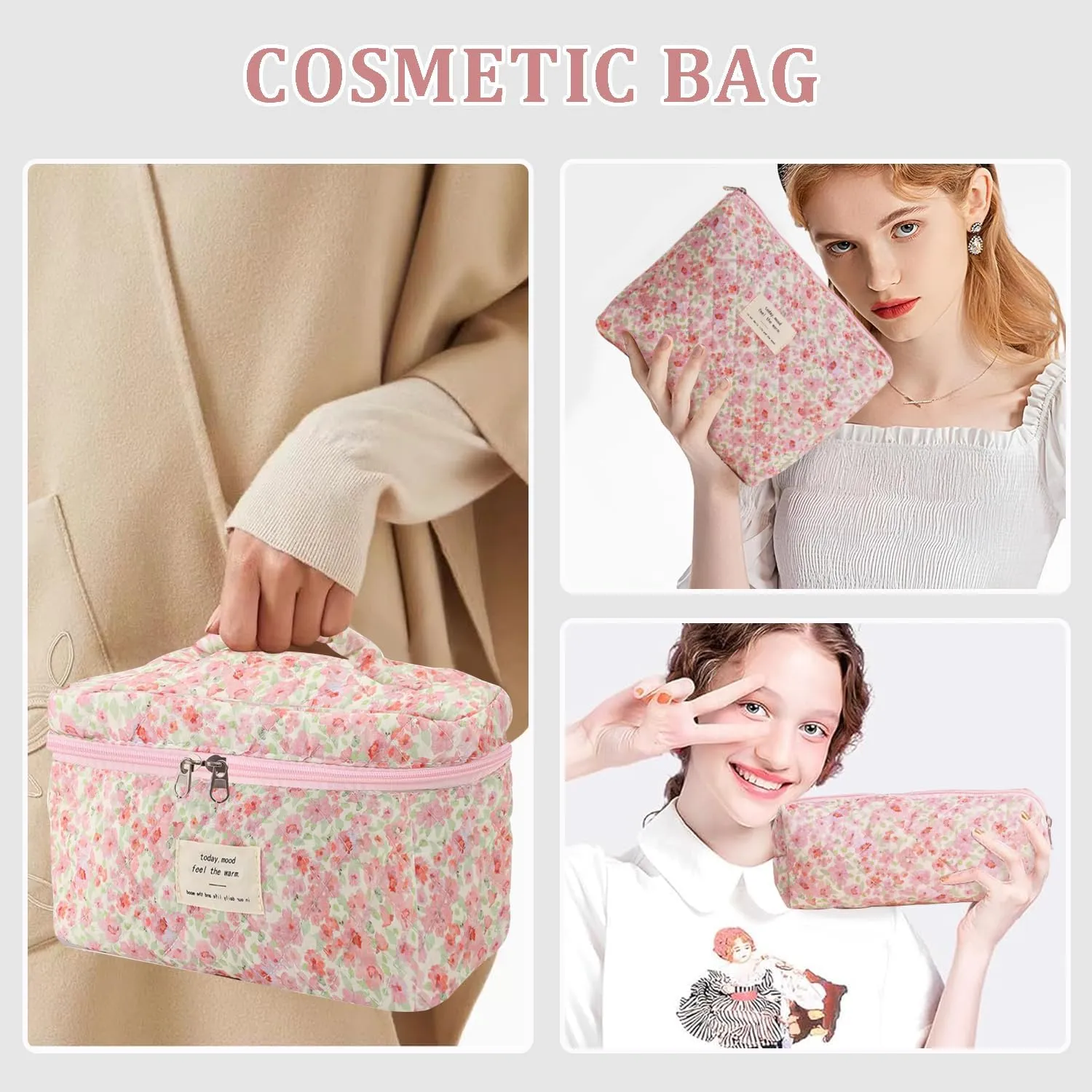 3 Pcs Cotton Quilted Makeup Bag Set, Floral Cotton Cosmetic Bag, Aesthetic Toiletry Travel Organizer Bag for Women (Pink Green)