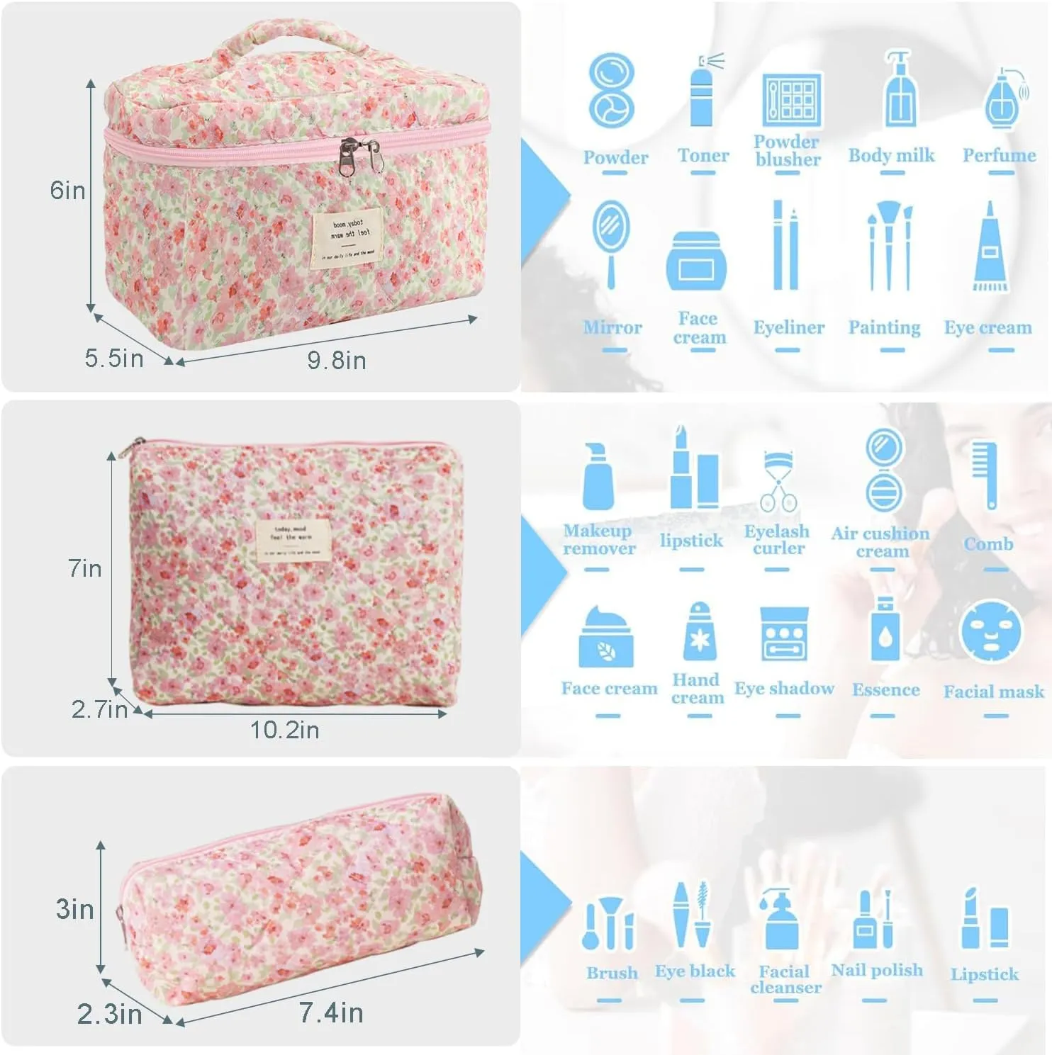 3 Pcs Cotton Quilted Makeup Bag Set, Floral Cotton Cosmetic Bag, Aesthetic Toiletry Travel Organizer Bag for Women (Pink Green)
