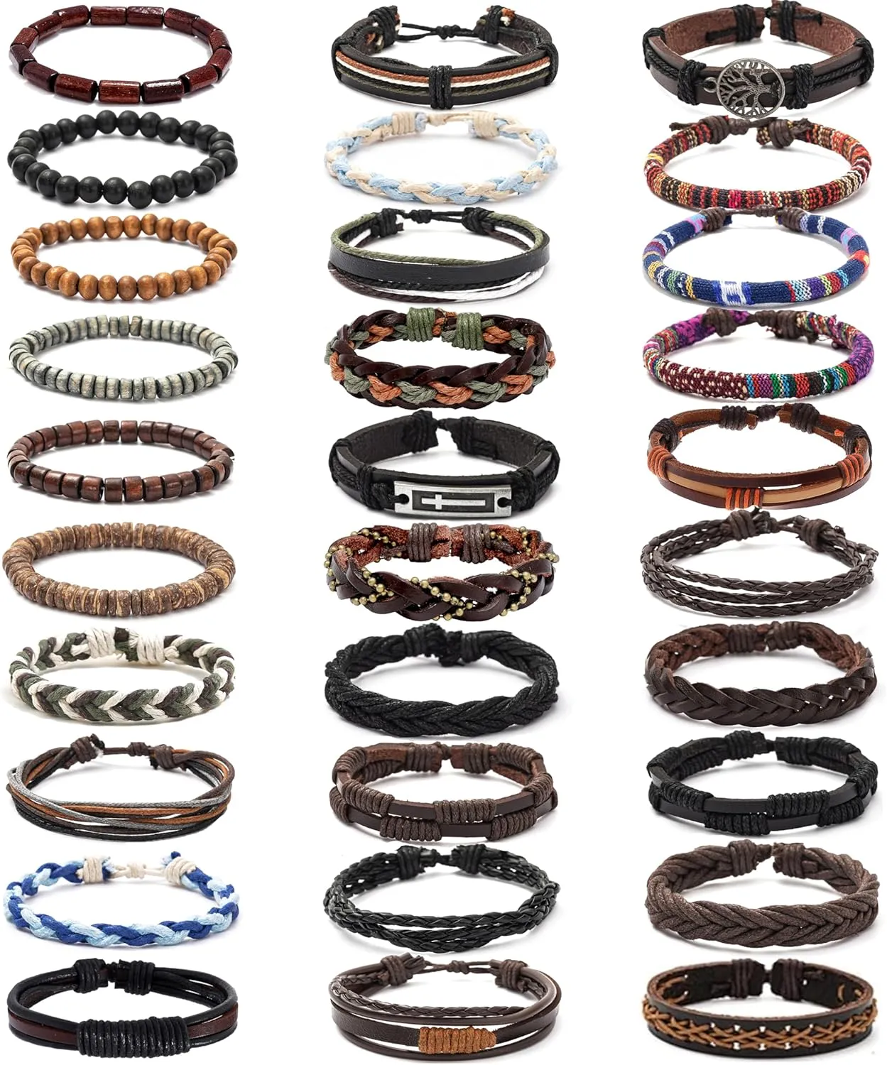 30Pcs Braided Leather Bracelets for Men Women Woven Cuff Wrap Bracelet Wood Beads Hemp Cords Ethnic Tribal Handmade Wrap Wristband Bracelets Set Adjustable