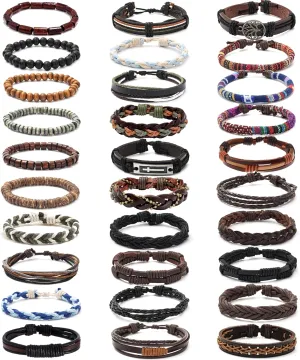 30Pcs Braided Leather Bracelets for Men Women Woven Cuff Wrap Bracelet Wood Beads Hemp Cords Ethnic Tribal Handmade Wrap Wristband Bracelets Set Adjustable