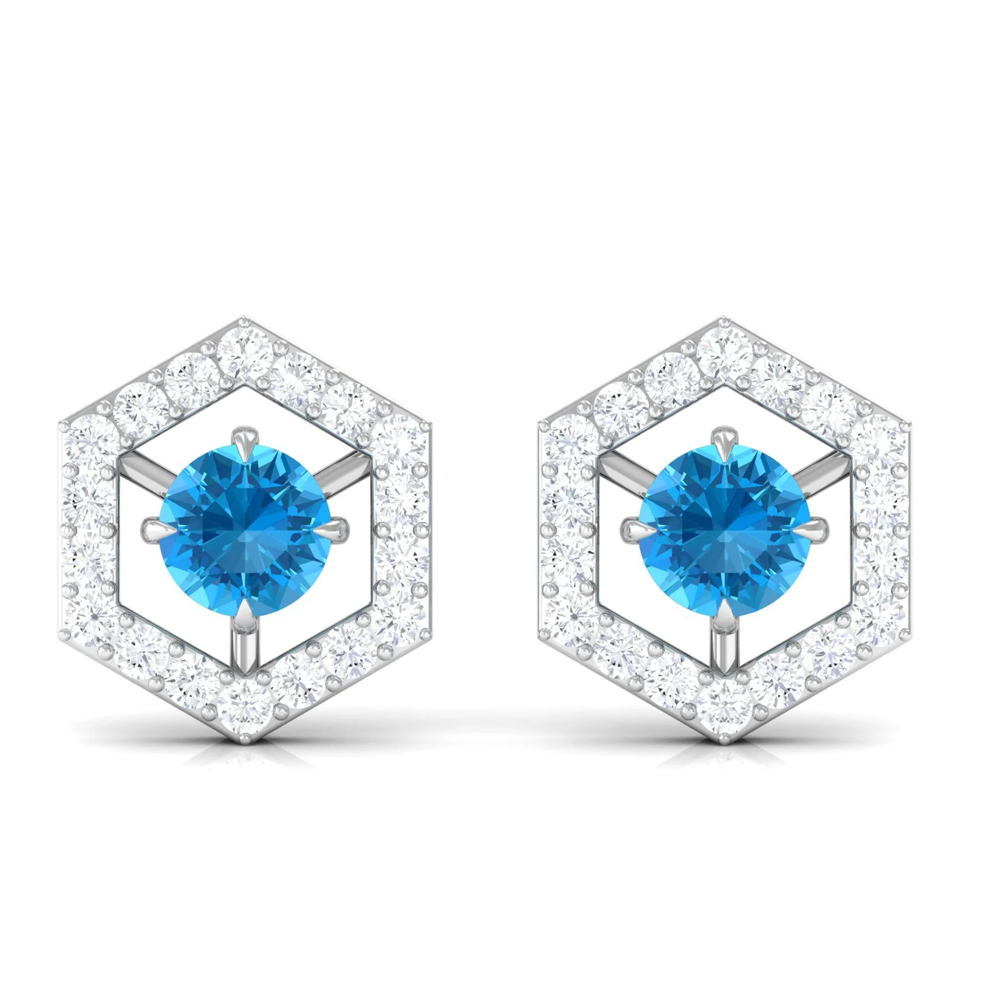 3/4 CT Minimal Swiss Blue Topaz and Diamond Geometric Stud Earrings