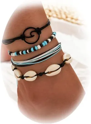 4pcs Shell Bracelet Anklets For Women Boho Layered Shell Anklet Set Beaded Foot Chain Anklet Bracelets Adjustable Handmade Seashell Gravel Pendant Foot Chains Beach Bracelet Anklets Jewelry(Black Set)