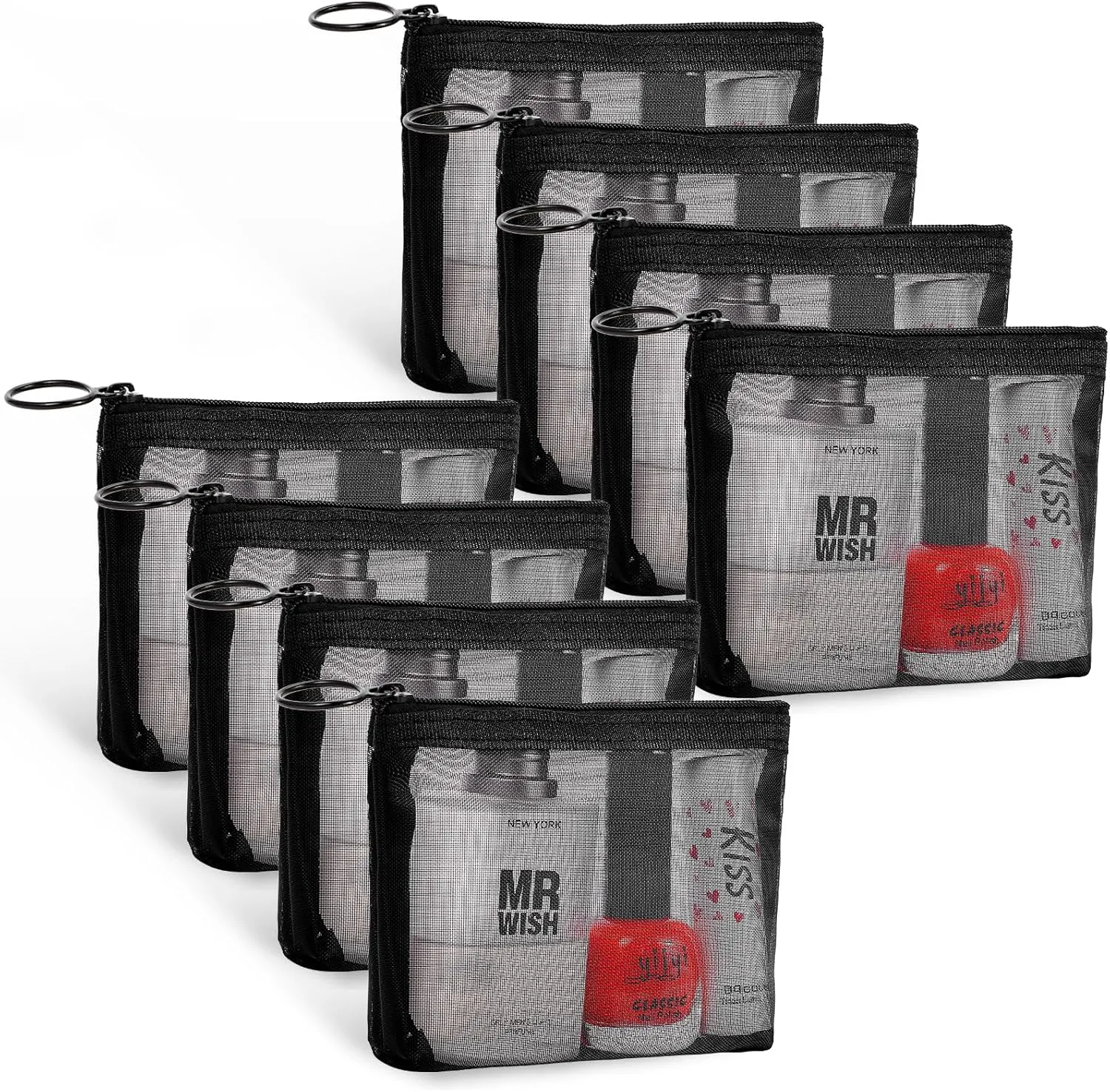 8 Pack Mini Zipper Mesh Makeup Bags, Nylon Cosmetic Bags Toiletry Purse Travel Organizer Bags Inside Bag for Office Travel Organization (Widened-Black, XS)