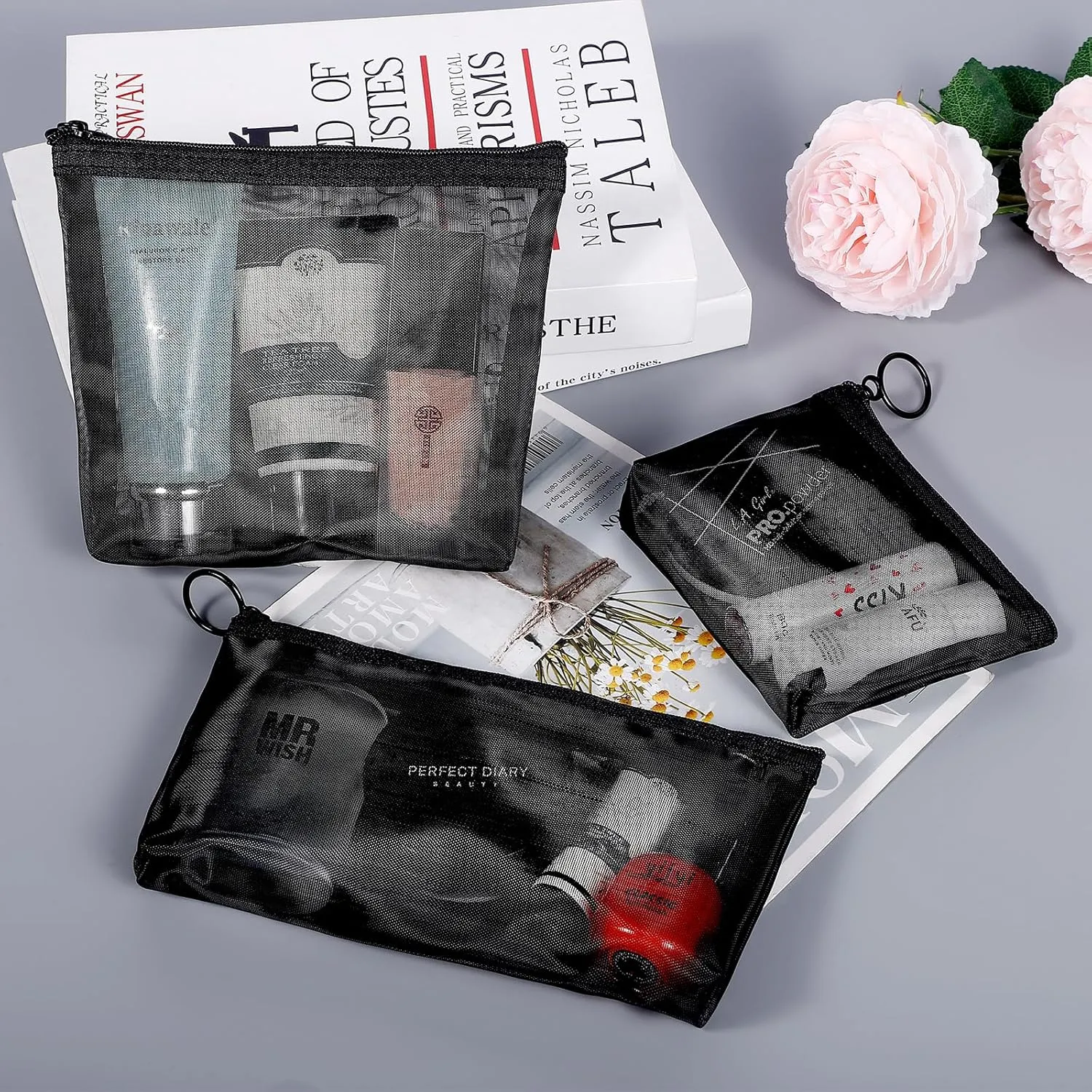 8 Pack Mini Zipper Mesh Makeup Bags, Nylon Cosmetic Bags Toiletry Purse Travel Organizer Bags Inside Bag for Office Travel Organization (Widened-Black, XS)