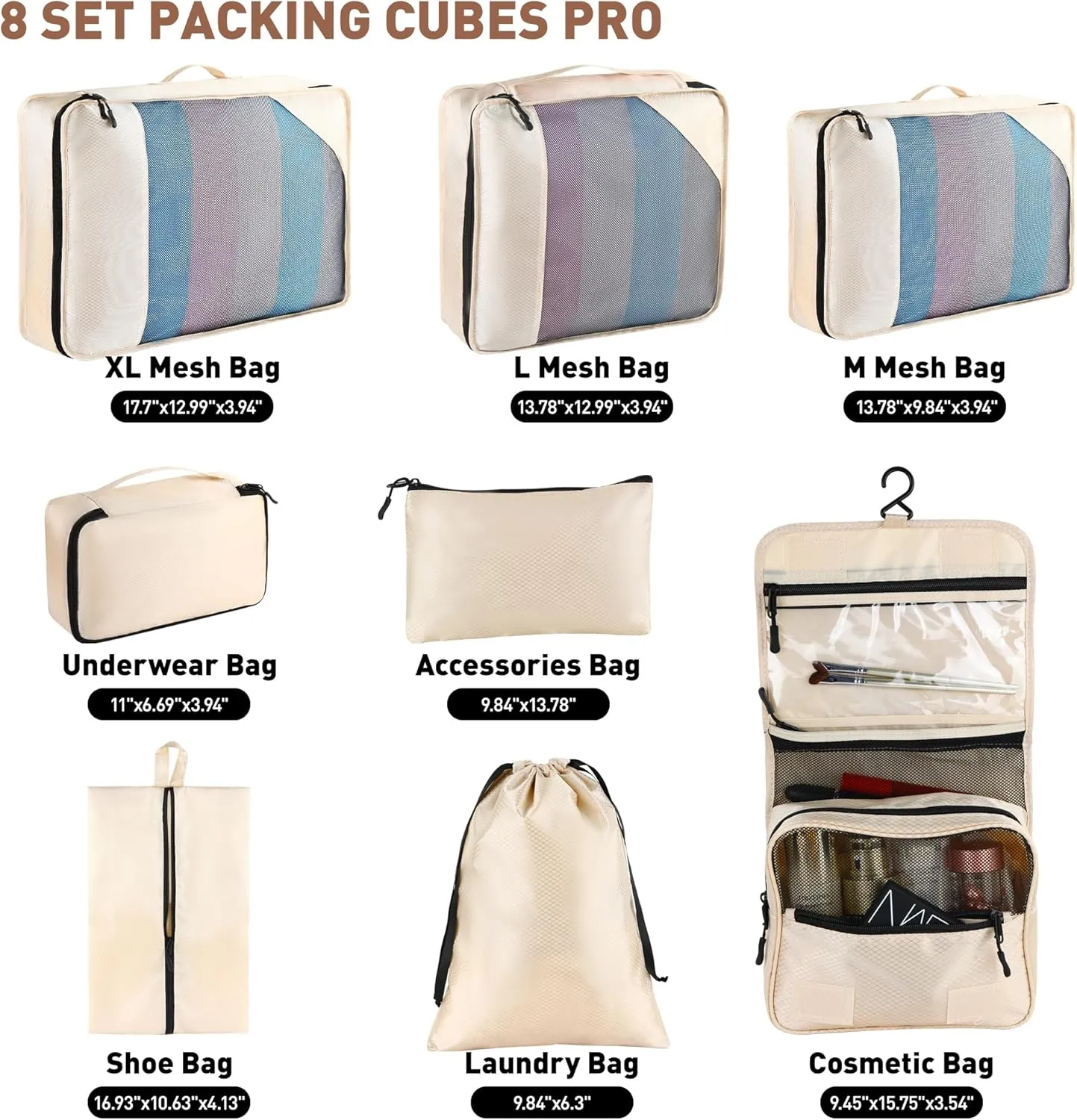8 Set Packing Cubes for Travel Women Men Kids, Mesh Suitcase Organizer Bags Set for Luggage, 4 Sizes Extra Large, Large, Medium, Small, Travel Camping Essentials Accessories, Beige
