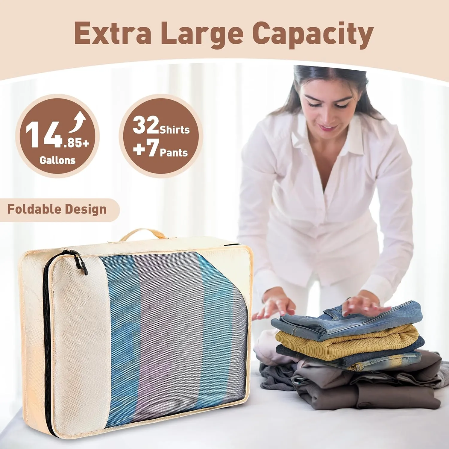 8 Set Packing Cubes for Travel Women Men Kids, Mesh Suitcase Organizer Bags Set for Luggage, 4 Sizes Extra Large, Large, Medium, Small, Travel Camping Essentials Accessories, Beige