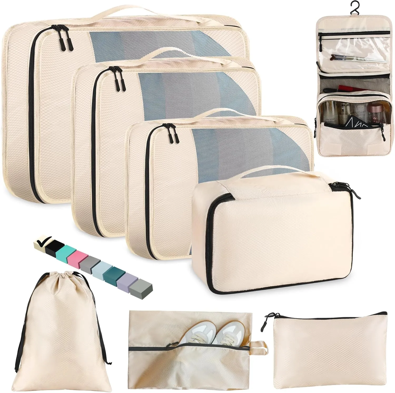 8 Set Packing Cubes for Travel Women Men Kids, Mesh Suitcase Organizer Bags Set for Luggage, 4 Sizes Extra Large, Large, Medium, Small, Travel Camping Essentials Accessories, Beige