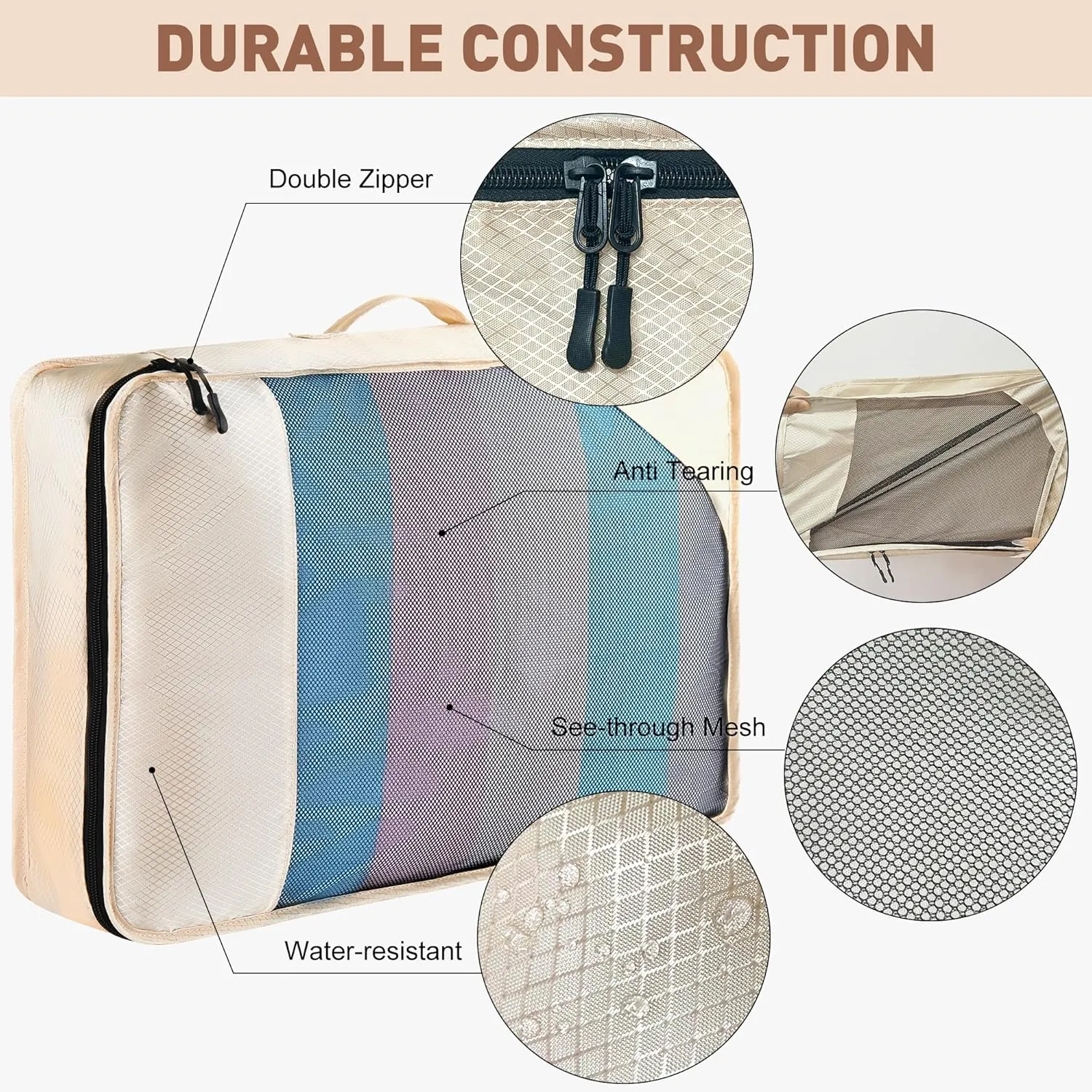8 Set Packing Cubes for Travel Women Men Kids, Mesh Suitcase Organizer Bags Set for Luggage, 4 Sizes Extra Large, Large, Medium, Small, Travel Camping Essentials Accessories, Beige