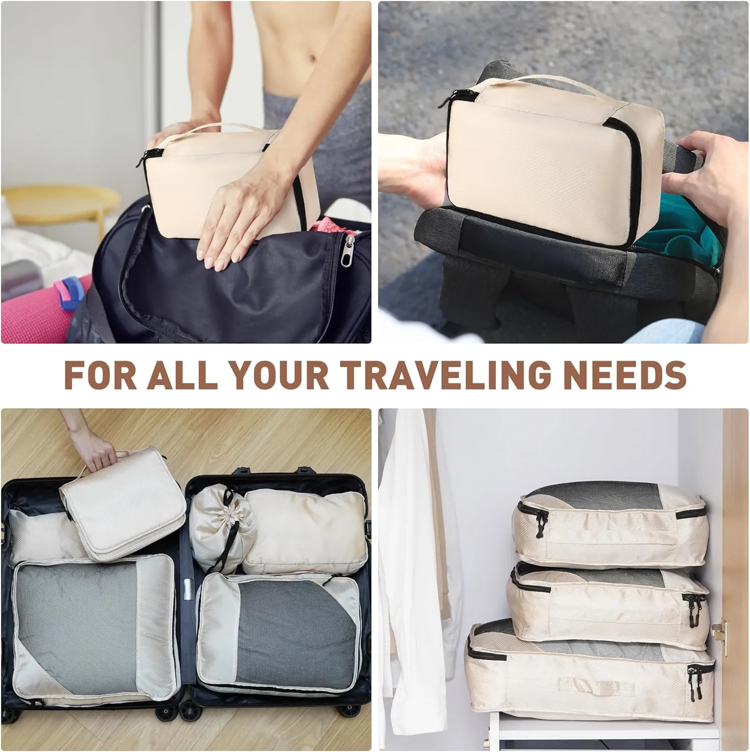 8 Set Packing Cubes for Travel Women Men Kids, Mesh Suitcase Organizer Bags Set for Luggage, 4 Sizes Extra Large, Large, Medium, Small, Travel Camping Essentials Accessories, Beige