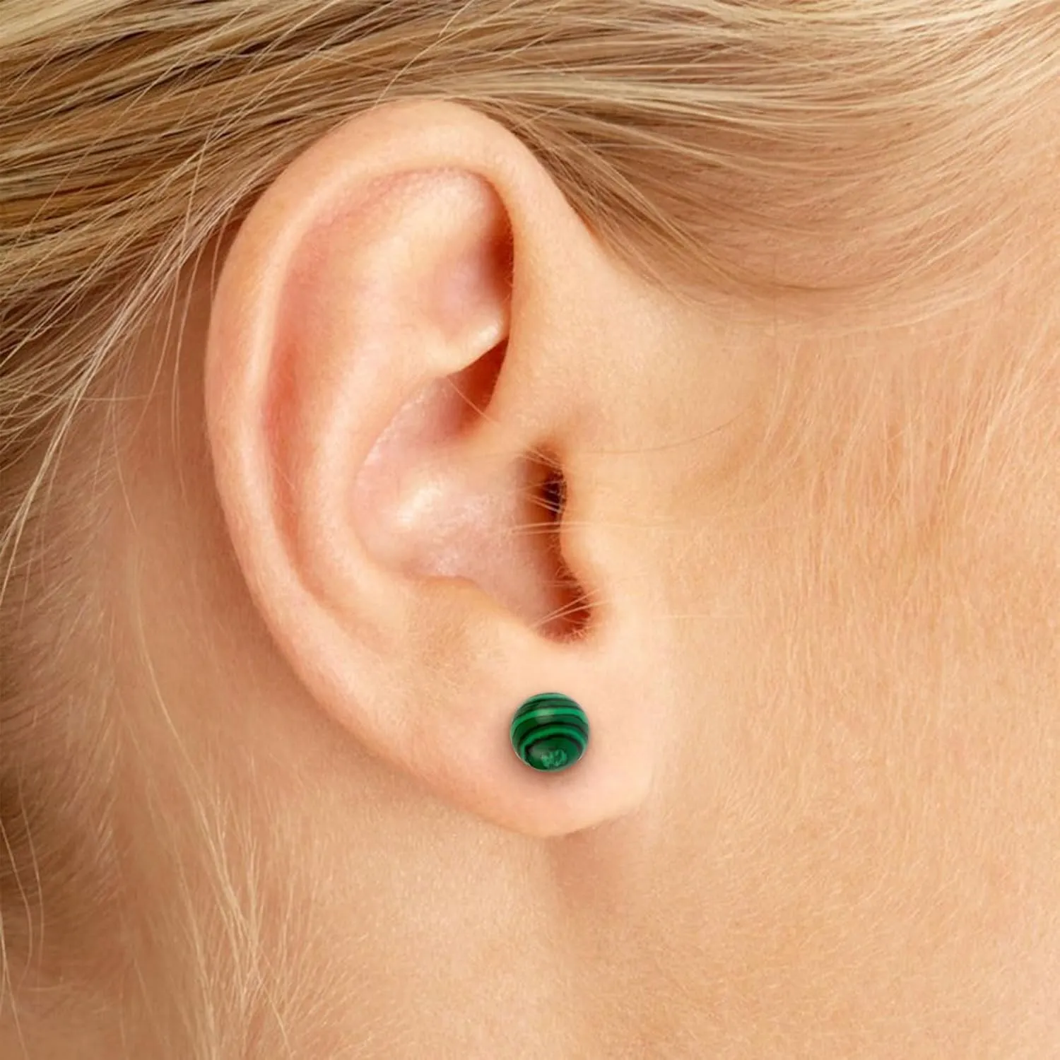 8MM Green Malachite Stud Earrings for Women Small Natural Ball Gemstone Flat Back Earrings Hypoallergenic S925 Sterling Silver Ear Jewelry Gift for Her Mom Daughter(Malachite Green)