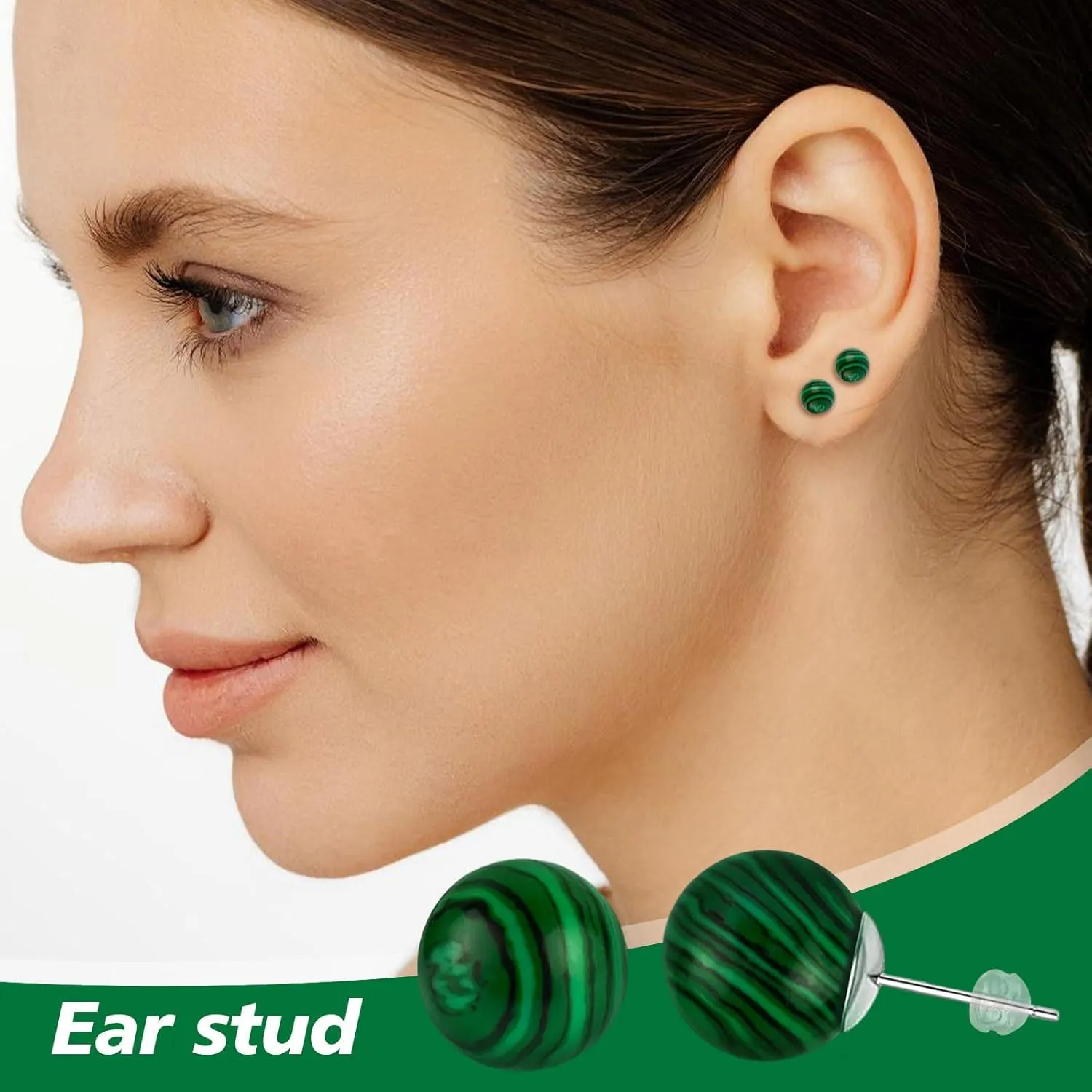 8MM Green Malachite Stud Earrings for Women Small Natural Ball Gemstone Flat Back Earrings Hypoallergenic S925 Sterling Silver Ear Jewelry Gift for Her Mom Daughter(Malachite Green)