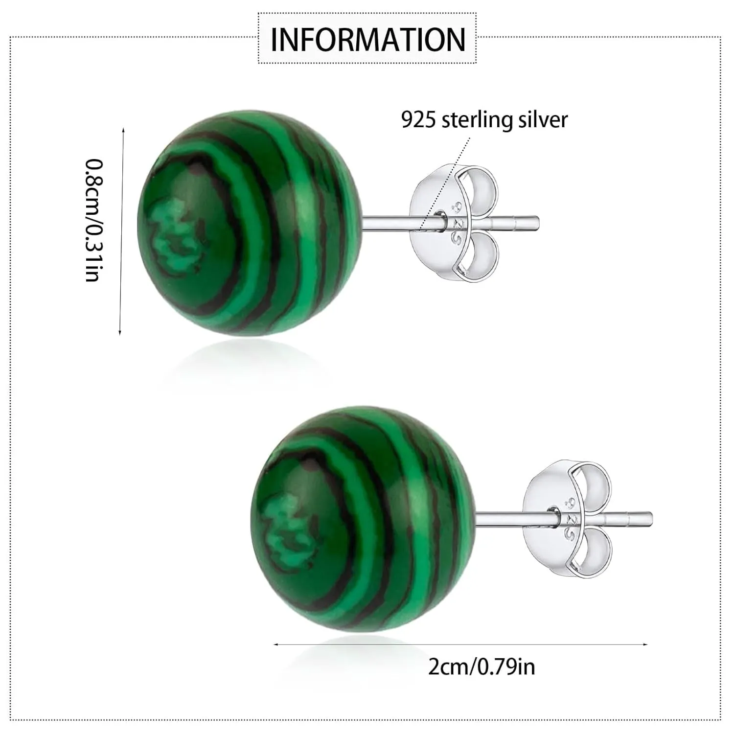 8MM Green Malachite Stud Earrings for Women Small Natural Ball Gemstone Flat Back Earrings Hypoallergenic S925 Sterling Silver Ear Jewelry Gift for Her Mom Daughter(Malachite Green)