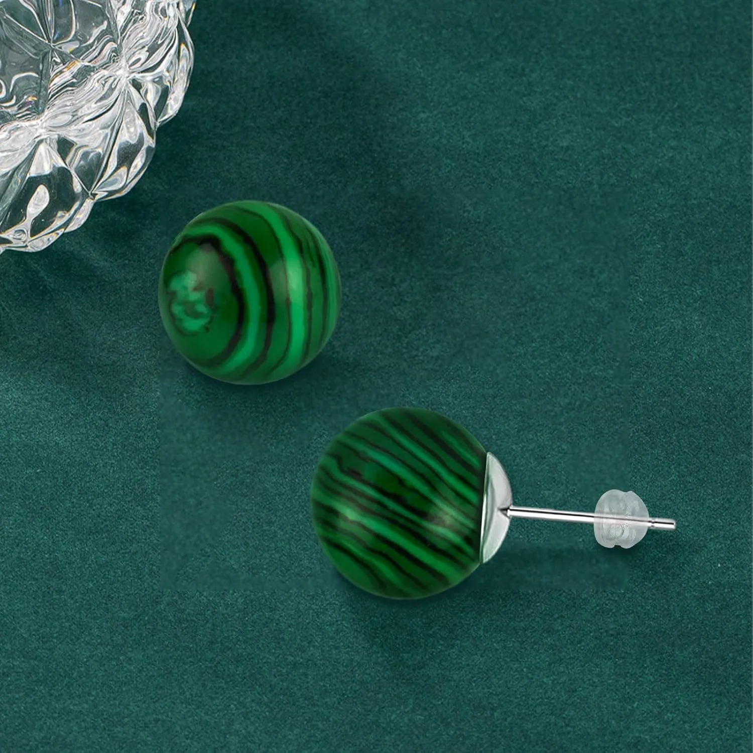 8MM Green Malachite Stud Earrings for Women Small Natural Ball Gemstone Flat Back Earrings Hypoallergenic S925 Sterling Silver Ear Jewelry Gift for Her Mom Daughter(Malachite Green)