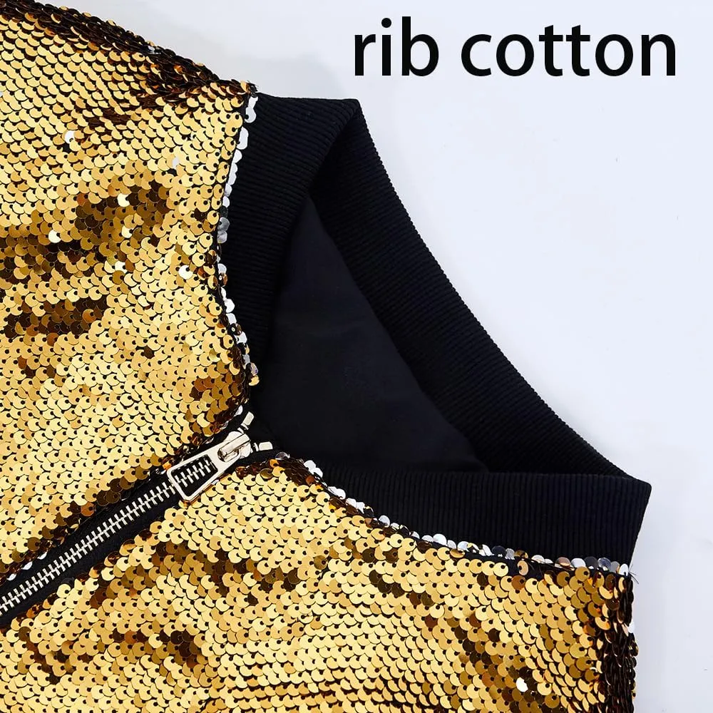 A ARFAR Women Sequin Jackets Flip Glitter Varsity Bomber Sparkly Coat Party Outwear Ladies Shiny Cloth