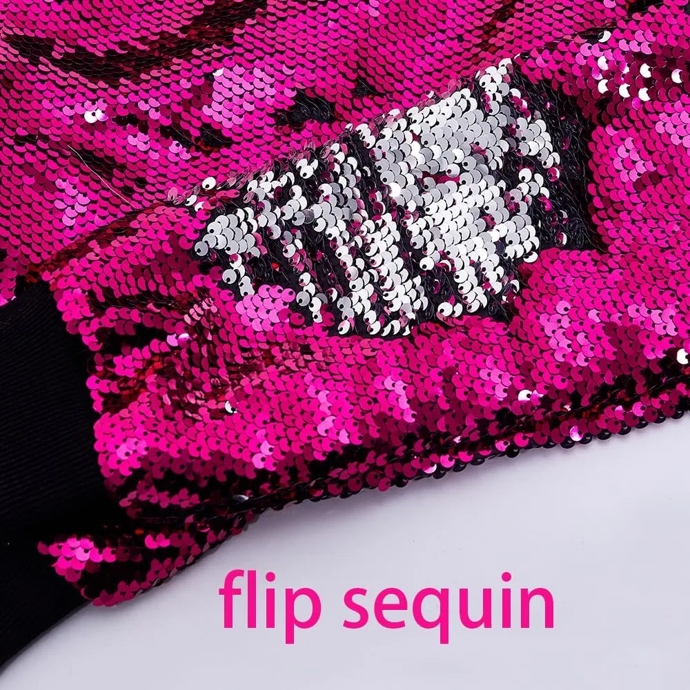 A ARFAR Women Sequin Jackets Flip Glitter Varsity Bomber Sparkly Coat Party Outwear Ladies Shiny Cloth