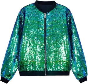 A ARFAR Women Sequin Jackets Flip Glitter Varsity Bomber Sparkly Coat Party Outwear Ladies Shiny Cloth