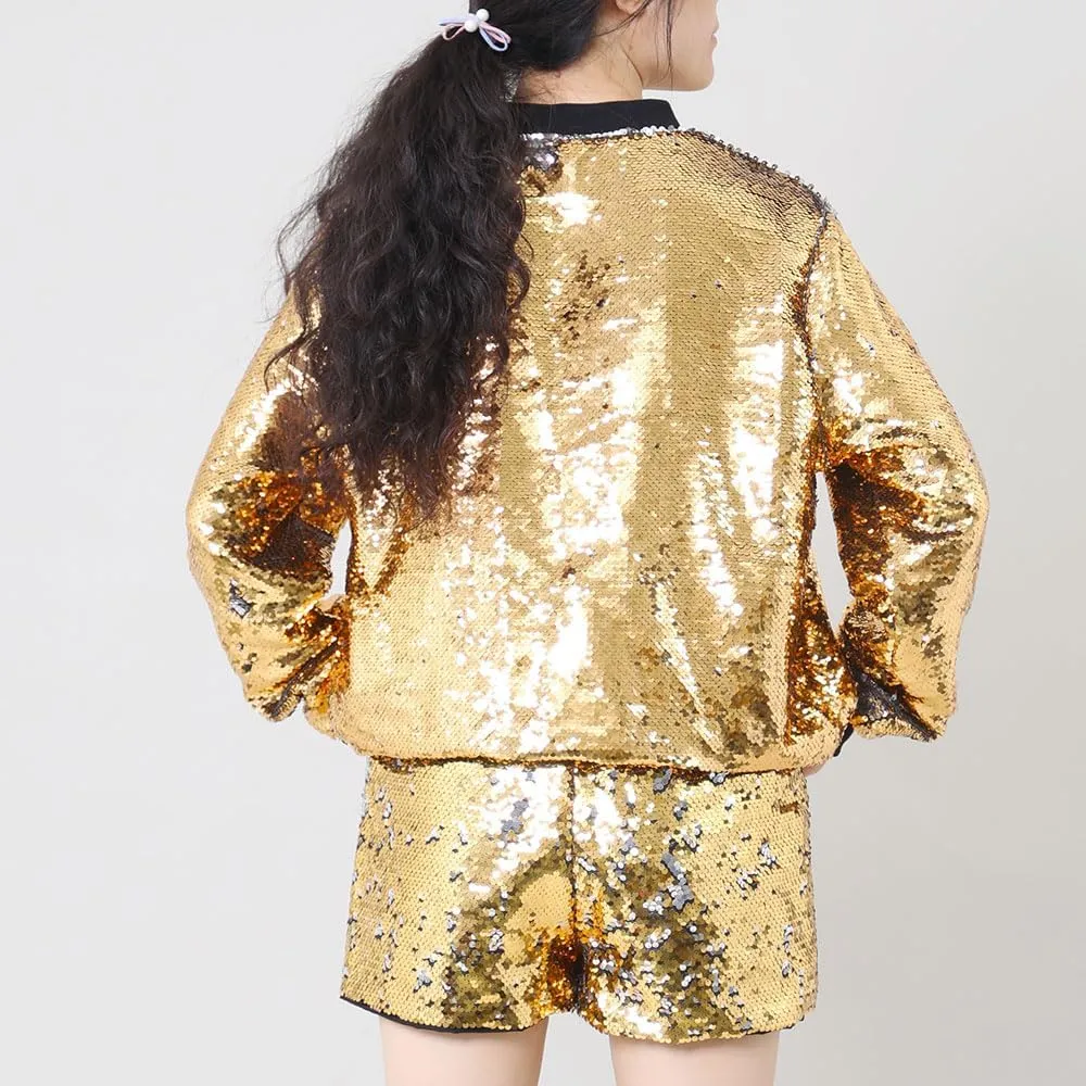 A ARFAR Women Sequin Jackets Flip Glitter Varsity Bomber Sparkly Coat Party Outwear Ladies Shiny Cloth