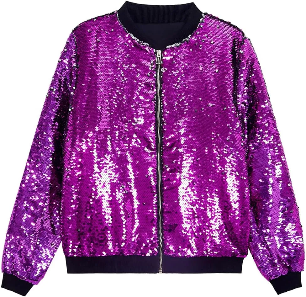 A ARFAR Women Sequin Jackets Flip Glitter Varsity Bomber Sparkly Coat Party Outwear Ladies Shiny Cloth