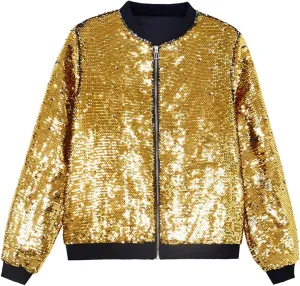 A ARFAR Women Sequin Jackets Flip Glitter Varsity Bomber Sparkly Coat Party Outwear Ladies Shiny Cloth