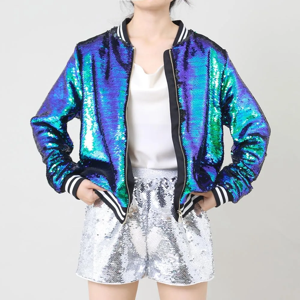 A ARFAR Women Sequin Jackets Flip Glitter Varsity Bomber Sparkly Coat Party Outwear Ladies Shiny Cloth