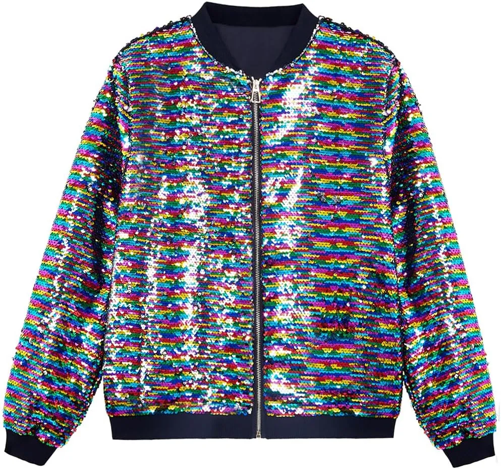 A ARFAR Women Sequin Jackets Flip Glitter Varsity Bomber Sparkly Coat Party Outwear Ladies Shiny Cloth