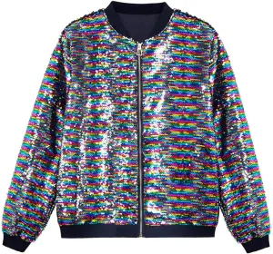 A ARFAR Women Sequin Jackets Flip Glitter Varsity Bomber Sparkly Coat Party Outwear Ladies Shiny Cloth