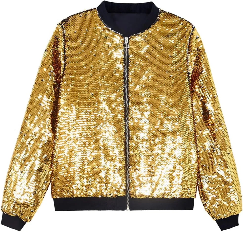 A ARFAR Women Sequin Jackets Flip Glitter Varsity Bomber Sparkly Coat Party Outwear Ladies Shiny Cloth