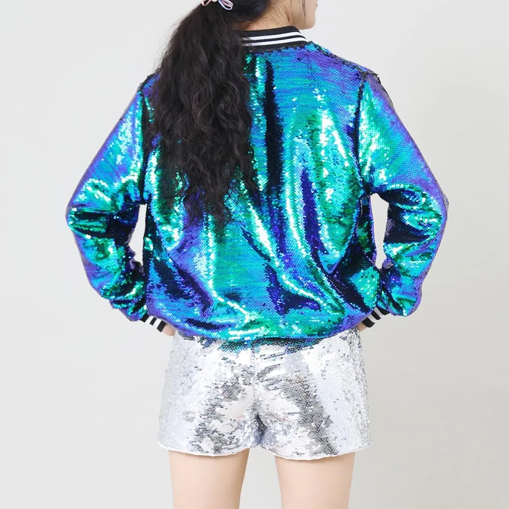 A ARFAR Women Sequin Jackets Flip Glitter Varsity Bomber Sparkly Coat Party Outwear Ladies Shiny Cloth