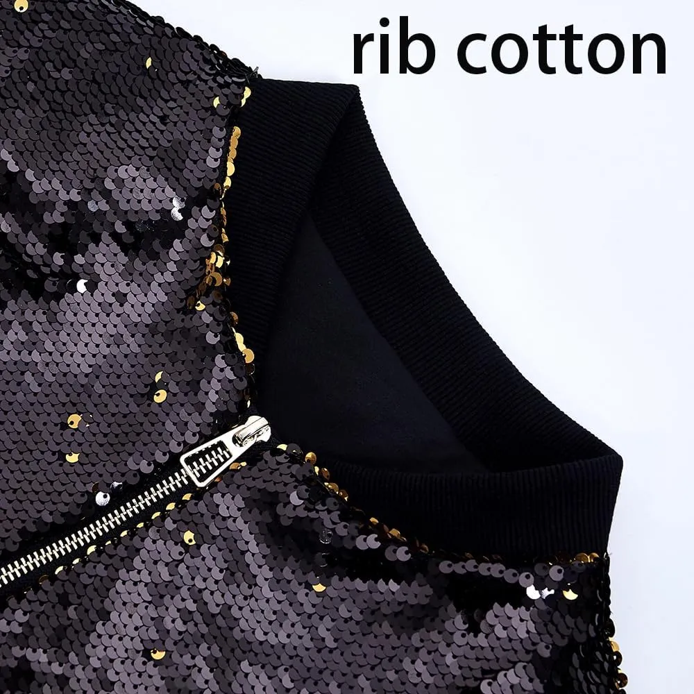 A ARFAR Women Sequin Jackets Flip Glitter Varsity Bomber Sparkly Coat Party Outwear Ladies Shiny Cloth