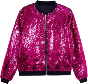 A ARFAR Women Sequin Jackets Flip Glitter Varsity Bomber Sparkly Coat Party Outwear Ladies Shiny Cloth