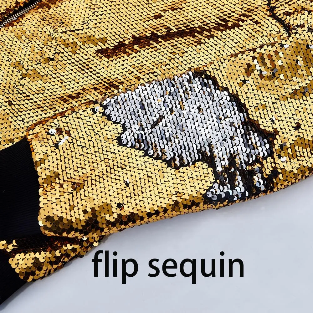 A ARFAR Women Sequin Jackets Flip Glitter Varsity Bomber Sparkly Coat Party Outwear Ladies Shiny Cloth