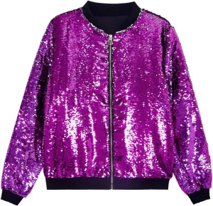 A ARFAR Women Sequin Jackets Flip Glitter Varsity Bomber Sparkly Coat Party Outwear Ladies Shiny Cloth