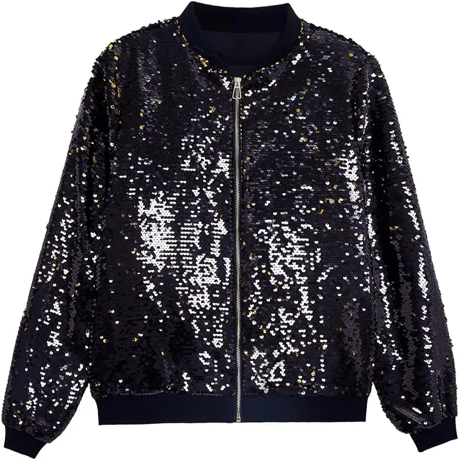 A ARFAR Women Sequin Jackets Flip Glitter Varsity Bomber Sparkly Coat Party Outwear Ladies Shiny Cloth