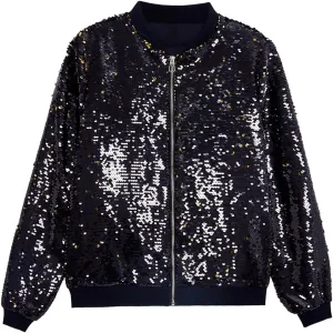 A ARFAR Women Sequin Jackets Flip Glitter Varsity Bomber Sparkly Coat Party Outwear Ladies Shiny Cloth
