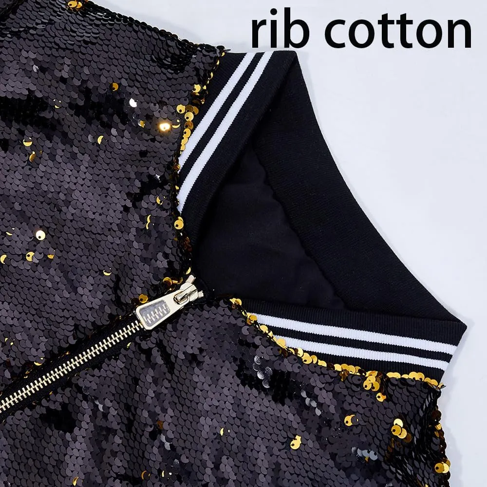 A ARFAR Women Sequin Jackets Flip Striped Collar Glitter Varsity Striped Bomber Sparkly Coat Party Outwear Ladies Shiny Cloth